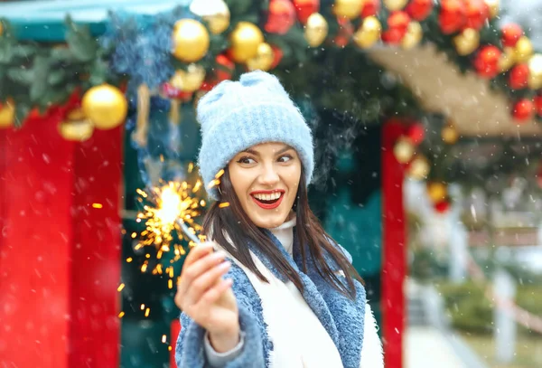 Excited Young Woman Wears Blue Coat Enjoying Holidays Bengal Lights — Stock Photo, Image