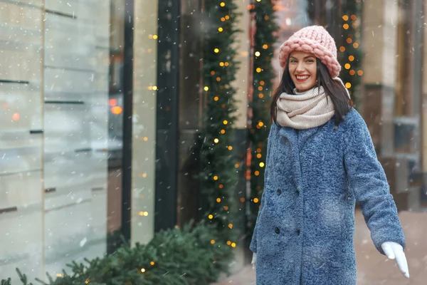 Cheerful Brunette Woman Coat Enjoying Snowy Weather Empty Space — Stock Photo, Image