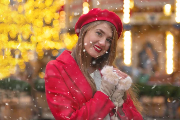 Alluring Young Woman Red Coat Walking Street Fair Snowfall — Stock Photo, Image