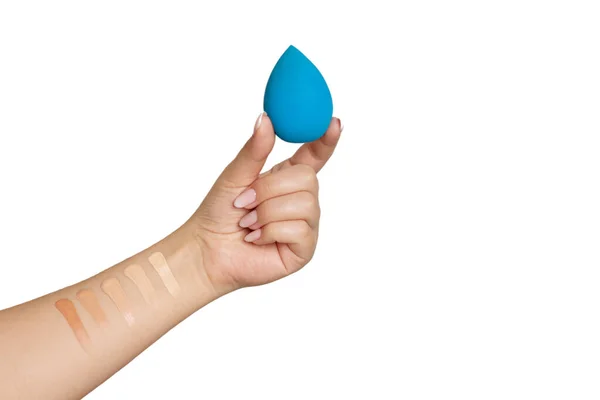 Woman Holding Beauty Blender Swatches Liquid Foundation Her Hand Isolated — Stock Photo, Image