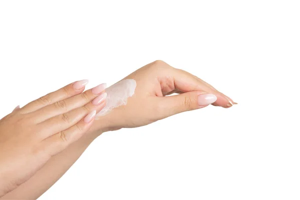 Woman Applying Liquid Highlighter Her Hand Isolated White Copy Space — Stock Photo, Image