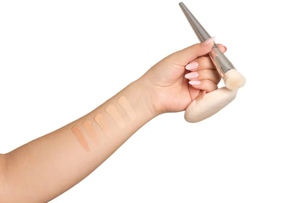 Woman Hand Holding Brush Cosmetic Puff Isolated White Background — Stock Photo, Image