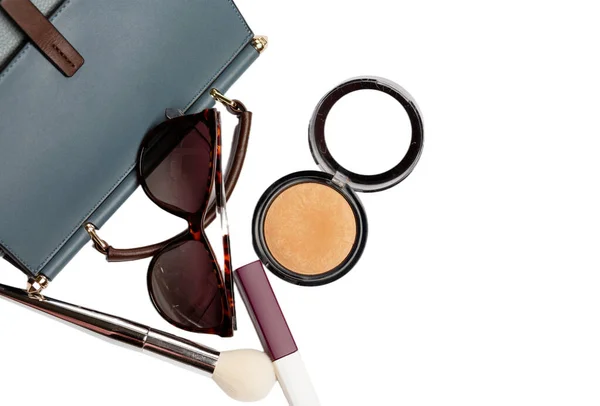 Sunglasses Facial Powder Matte Lipstick Fall Out Blue Purse White — Stock Photo, Image