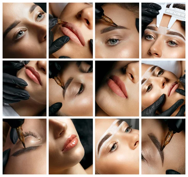 Cosmetician Doing Brow Lip Permanent Makeup Procedure Beauty Studio — Stock Photo, Image