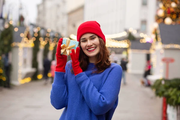 Lovely Young Woman Receiving Gift Box Christmas Fair — Stock Photo, Image