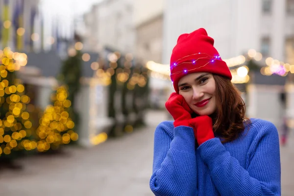 Adorable Young Woman Walking Christmas Fair Space Text — Stock Photo, Image