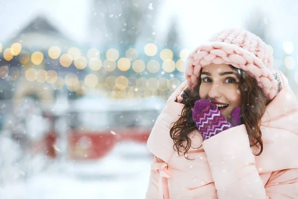 Wonderful Smiling Woman Enjoying Snowfall Christmas Fair Space Text — Stock Photo, Image