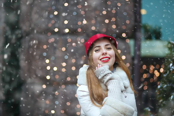 Smiling Woman Enjoying Snowfall Walking Decorated Showcase Space Text — Stock Photo, Image