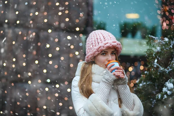 Attractive Woman Drinking Mulled Wine Enjoying Snowfall Space Text — Stock Photo, Image