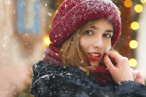 Lovely Young Woman Enjoying Snowfall Christmas Holidays Space Text — Stock Photo, Image