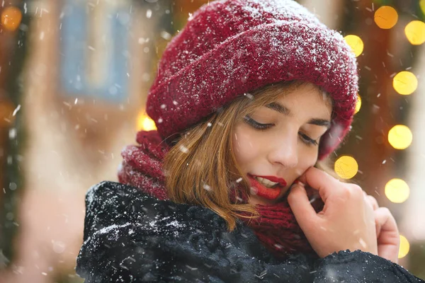 Stunning Young Woman Enjoying Snowfall Christmas Holidays Space Text — Stock Photo, Image