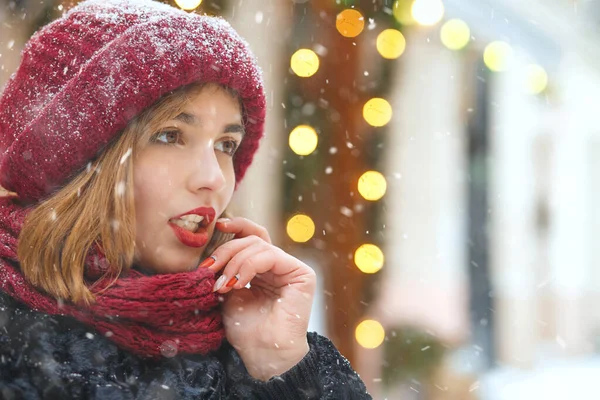 Beautiful Young Woman Enjoying Snowfall Christmas Holidays Space Text — Stock Photo, Image