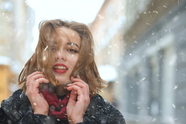 Glamorous Young Woman Enjoying Snowfall Christmas Holidays Space Text — Stock Photo, Image