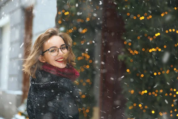 Excited Young Woman Enjoying Snowfall Christmas Holidays Space Text — Stock Photo, Image