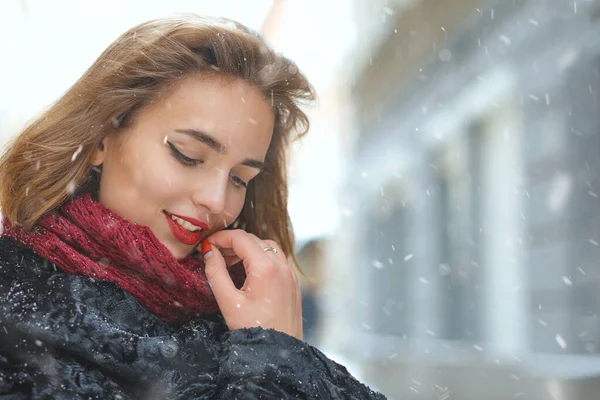 Fabulous Young Woman Enjoying Snowfall Christmas Holidays Space Text — Stock Photo, Image
