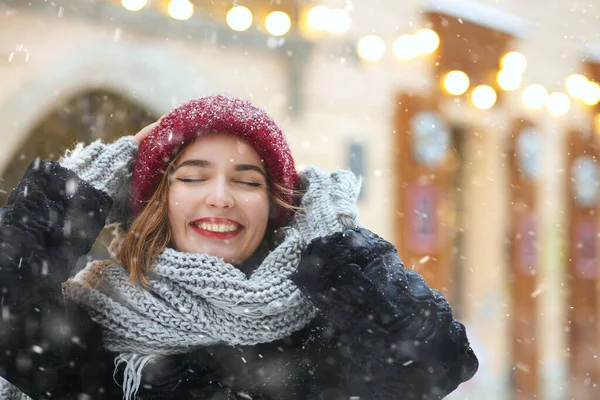 Amazing Young Woman Enjoying Snowfall Christmas Holidays Space Text — Stock Photo, Image