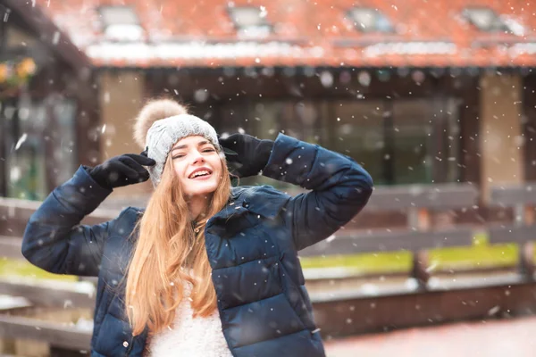 Positive Redhead Woman Walking Holiday Winter Fair Snowfall Space Text — Stock Photo, Image