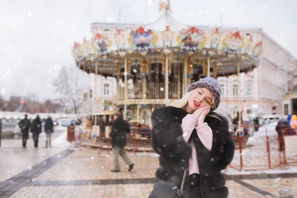 Romantic Blond Woman Walking Christmas Fair Snowy Weather Space Text — Stock Photo, Image