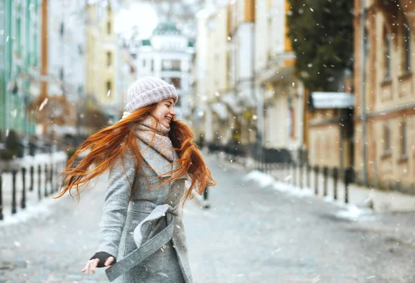 Joyful Ginger Long Haired Woman Wears Stylish Coat Walking Street — Stockfoto