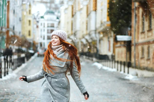 Emotional Ginger Long Haired Woman Wears Stylish Coat Walking Street — Stock Photo, Image