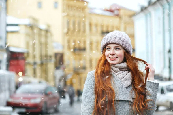 Closeup Street Portrait Elegant Red Haired Woman Walking Old City — Stock Photo, Image