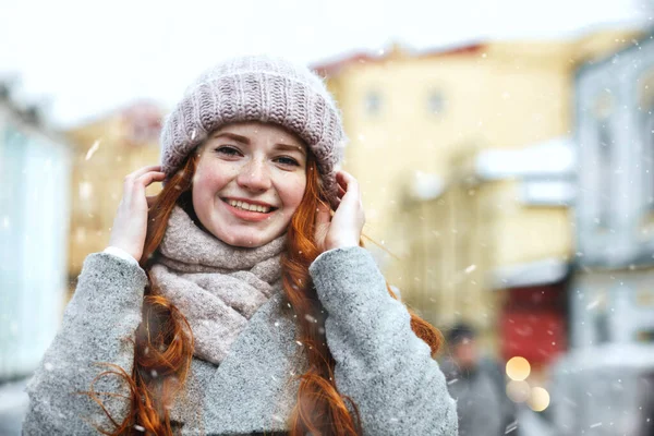 Closeup Street Portrait Stylish Red Haired Woman Walking Old City — Stock Photo, Image