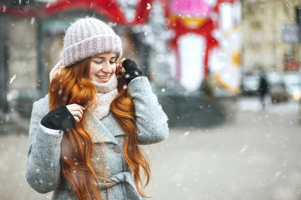 Cheerful Red Haired Woman Wears Coat Walking City Snowfall Space — Stock Photo, Image