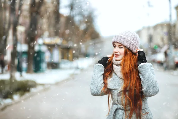 Emotional Red Haired Woman Wears Coat Walking City Snowfall Space — Stock Photo, Image