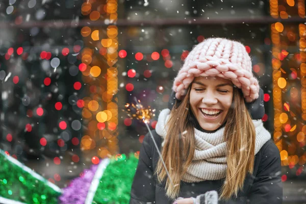 Merry Young Woman Playing Sparkling Lights Street Empty Space — Stock Photo, Image