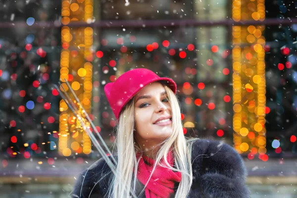 Glorious Blond Woman Having Fun Sparkling Lights Christmas Fair Space — Stockfoto