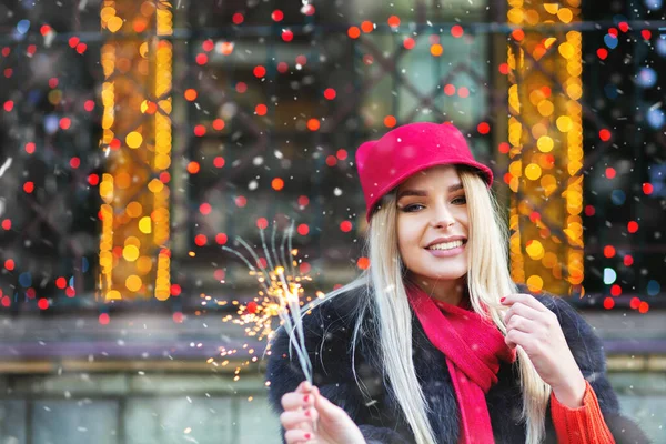 Merry Blond Woman Having Fun Sparkling Lights Christmas Fair Space — Stock Photo, Image