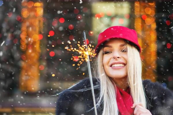 Joyful Blond Woman Having Fun Sparkling Lights Christmas Fair Space — Stock Photo, Image