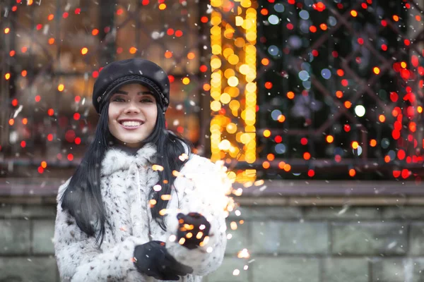 Cheerful Young Woman Enjoying Winter Holidays Sparkling Lights Empty Space — Stock Photo, Image