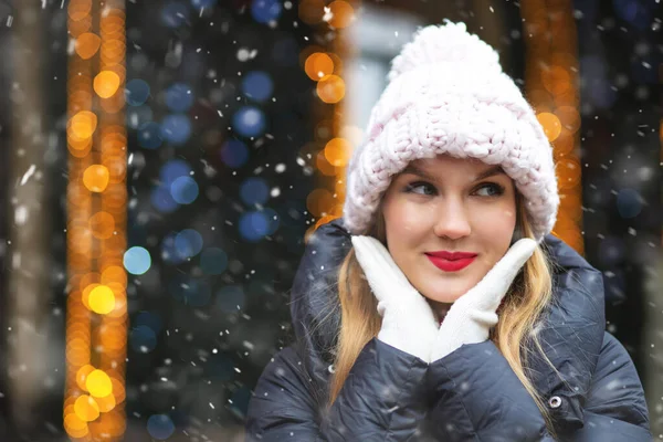 Romantic Blond Woman Wears Knit Cap Walking Winter Fair Snowfall — 图库照片