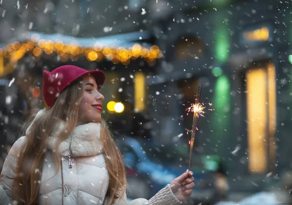 Charming Young Woman Playing Sparklers Street Snowfall Empty Space — 图库照片