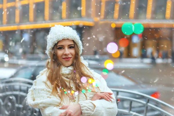 Wonderful Young Woman Walking Winter Fair Garlands Empty Space — Stock Photo, Image
