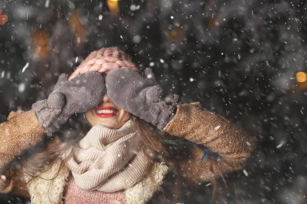 Positive Blond Woman Covering Her Eyes Holiday Fair — Stock Photo, Image