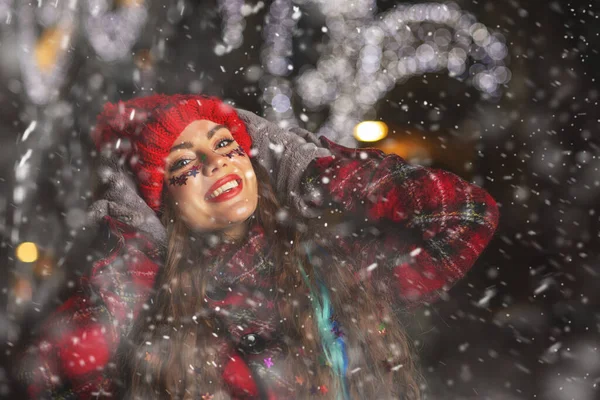 Positive Young Long Haired Woman Enjoying Snowy Weather Christmas Fair — Stock Photo, Image