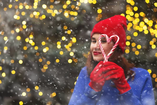 Lovely Woman Wears Red Cap Holding Candy Christmas Tree Empty — Stock Photo, Image