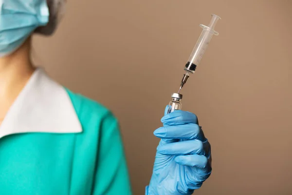 Doctor Medical Gloves Holding Syringe Vaccine Space Text — Stock Photo, Image