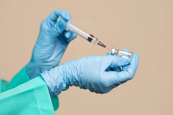 Woman Doctor Hands Holding Syringe Covid Vaccine Beige Background Space — Stock Photo, Image