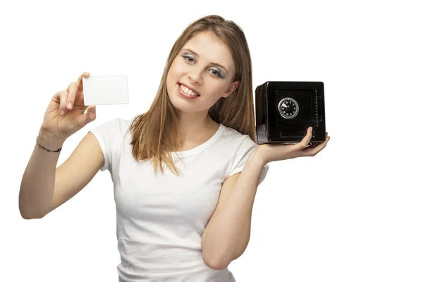 Chica con tarjeta y caja de dinero — Foto de Stock