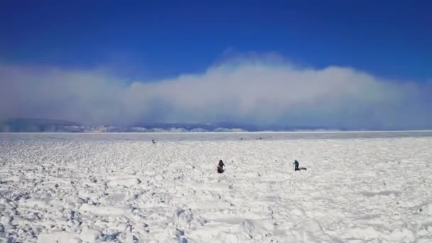 空中展望。観光客は無限の雪のハンモックフィールドに移動します。冬のトレッキング — ストック動画