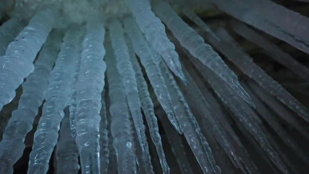 Long tapering white icicles with sharp edges hang on ceiling inside ice cave — Stock Video