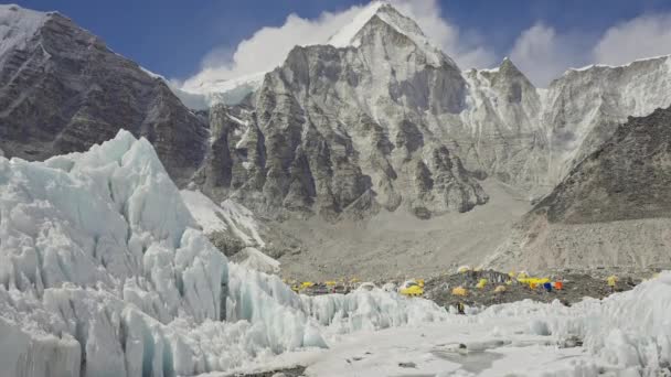 Panorama. Yellow tents at Everest Base Camp in snow mountains. Khumbu glacier — Video Stock