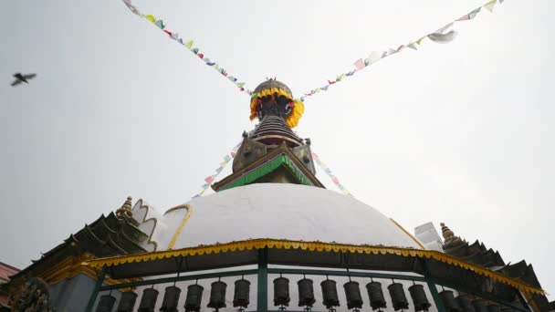 Garlands of prayer flags hang on golden white pinnacle of Swayambhunath stupa — 图库视频影像