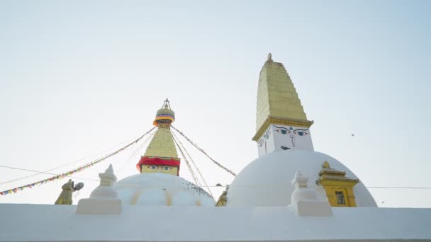 Awesome panorama. Famous world heritage temple. Golden white Swayambhunath stupa — 图库视频影像