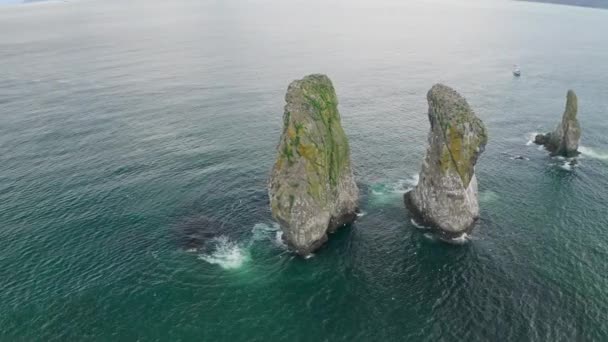Коло морської панорами. Величезні скелі, що стоять у сльозогінній воді, чайки летять навколо Стоковий Відеоролик