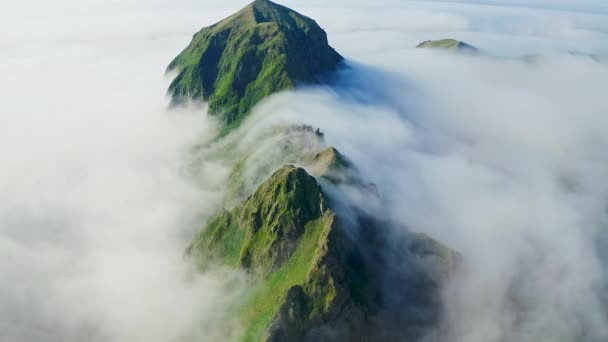 魔法の空中パノラマ。濃い白い雲に覆われた高い緑の山脈 — ストック動画
