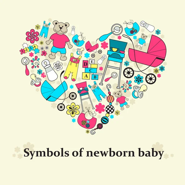 Corazón estilizado con sujetos del bebé recién nacido — Vector de stock